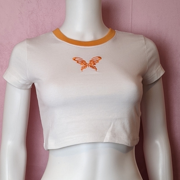 Daisy Street Dolls Kill White Cropped Butterfly Embroidery Baby Tee size XS - Picture 1 of 6